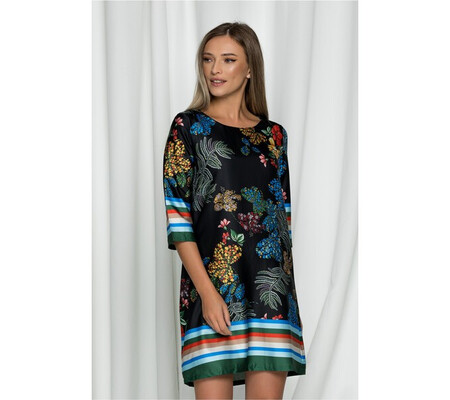 Rochie Ina neagra cu imprimeu floral multicolor si maneci trei sferturi