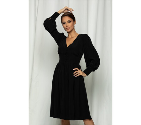 Rochie LaDonna neagra cu nasturi la bust si maneci lungi