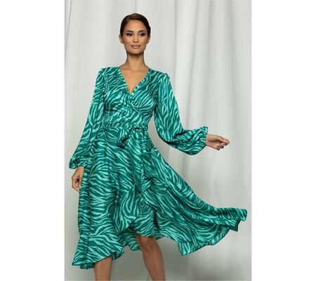 Rochie LaDonna verde cu zebra print petrecuta cu volanase