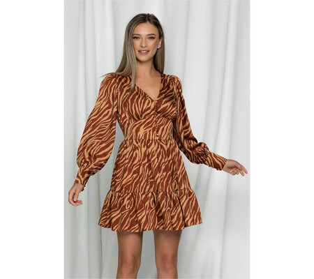 Rochie LaDonna zebra maro cu volanase la baza