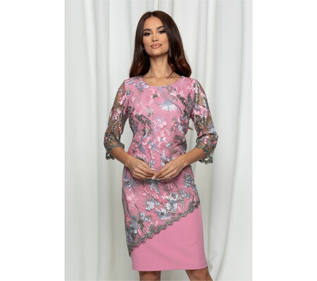 Rochie Lora roz cu broderie gri