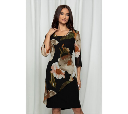 Rochie Marina neagra cu imprimeu floral maro