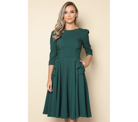 Rochie MBG verde clos cu umeri bufanti si fundite tip buzunar