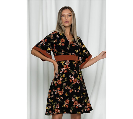 Rochie Mirela neagra cu imprimeu floral si maneci scurte