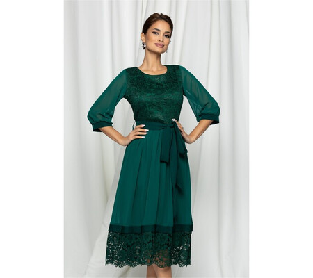 Rochie Sofia verde din dantela si voal cu cordon in talie