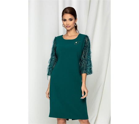 Rochie Dora verde cu insertii din lurex pe maneci