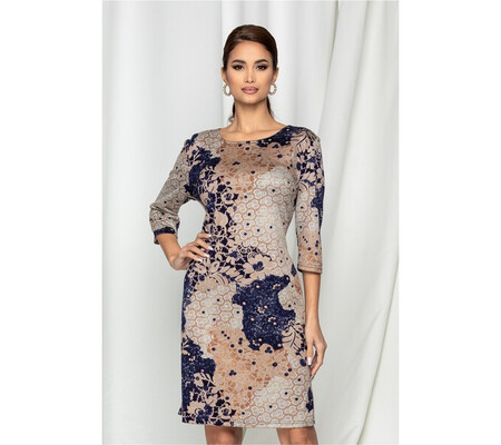 Rochie Ildi bleumarin cu imprimeu floral bej