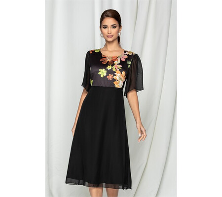 Rochie Maze neagra cu imprimeu floral in zona bustului si maneci din voal