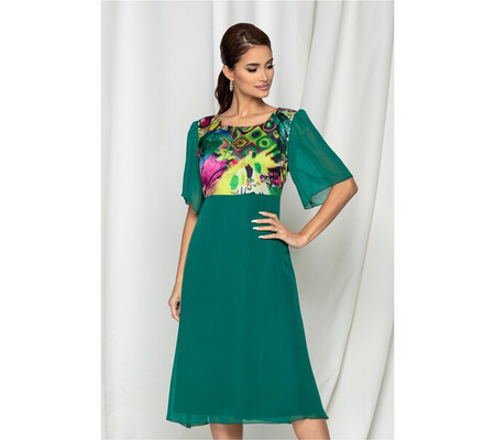 Rochie Maze verde cu imprimeu abstract viu colorat in zona bustului