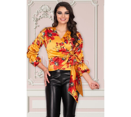 Bluza MBG mustar din satin cu imprimeu floral