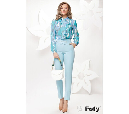 Pantaloni Fofy office conici bleu cu accesoriu auriu in talie