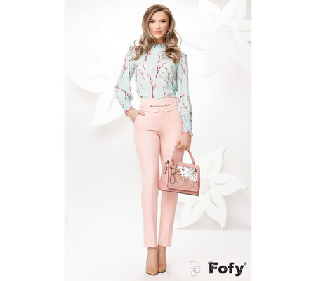 Pantaloni Fofy office conici roz cu accesoriu auriu in talie