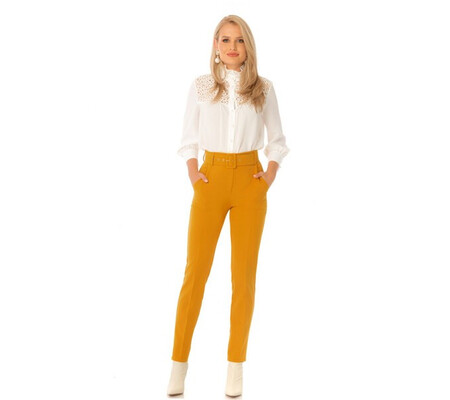 Pantaloni Pretty Girl office mustar cu accesoriu curea