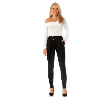 Pantaloni Pretty Girl office negri din imitatie de piele intoarsa cu accesoriu metalic