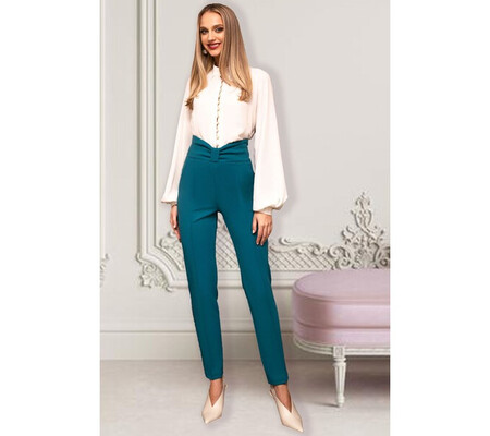 Pantaloni Pretty Girl office turcoaz cu talie inalta