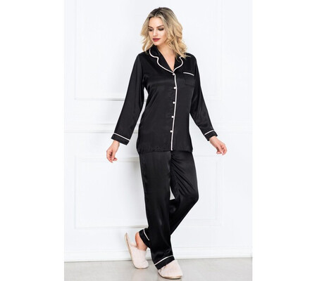 Pijama eleganta neagra din satin cu vipusca rose