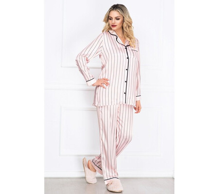 Pijama eleganta roz din satin cu imprimeu dungi si vipusca neagra