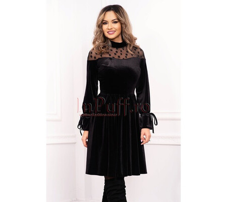 Rochie Artista neagra de seara midi in clos din catifea cu maneca lunga