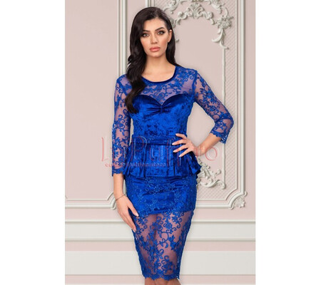 Rochie Atmosphere albastra de ocazie midi conica din catifea si tul brodat cu peplum in talie