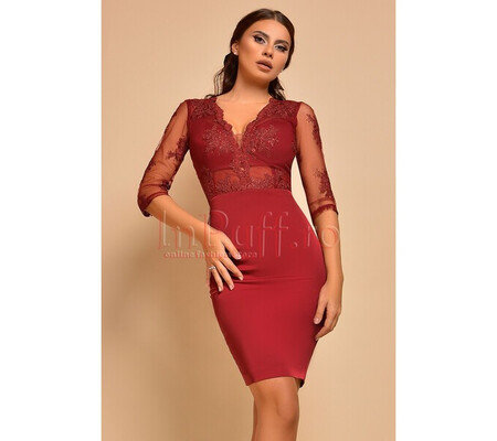 Rochie Atmosphere bordo de ocazie midi conica cu bust din tul brodat