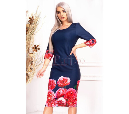 Rochie de zi bleumarin cu imprimeu floral si maneca trei sferturi