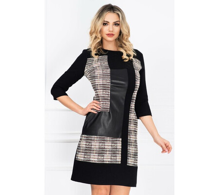 Rochie de zi neagra cu imprimeu geometric si insertie din piele ecologica