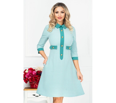 Rochie de zi turquoise pudrat cu buline albe si nasturi aurii