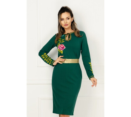 Rochie de zi Venezia verde cu broderie florala si cordon detasabil in talie