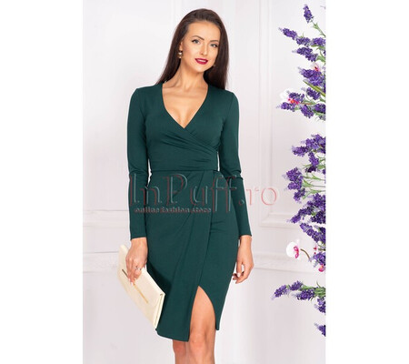 Rochie de zi verde midi din stofa cu decolteu in V petrecut si maneca lunga