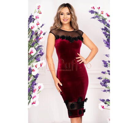 Rochie din catifea bordo cu flori 3D