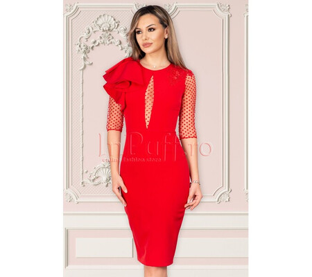 Rochie eleganta MBG rosie cu volanase pe umar si broderie aplicata