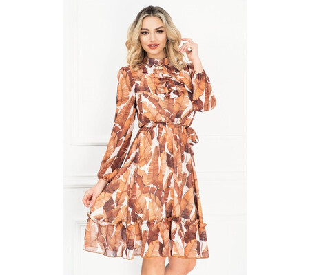 Rochie Fofy ruginie in clos din voal cu imprimeu frunze si jabou
