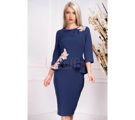 Rochie MBG bleumarin de ocazie midi conica din stofa cu peplum in talie si maneca trei sferturi