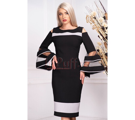 Rochie MBG neagra de ocazie midi conica din stofa cu umeri decupati si maneca tip clopot