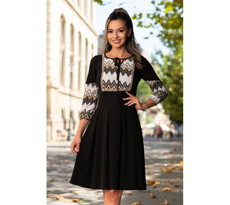 Rochie Moze de zi neagra cu imprimeu geometric midi cu pliuri late in talie