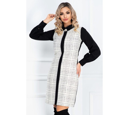 Rochie office eleganta cu imprimeu carouri si brosa detasabila