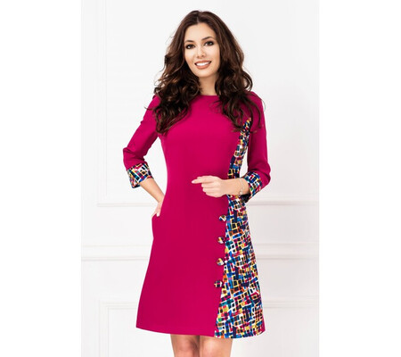 Rochie office in A fucsia cu insertii multicolore imprimate