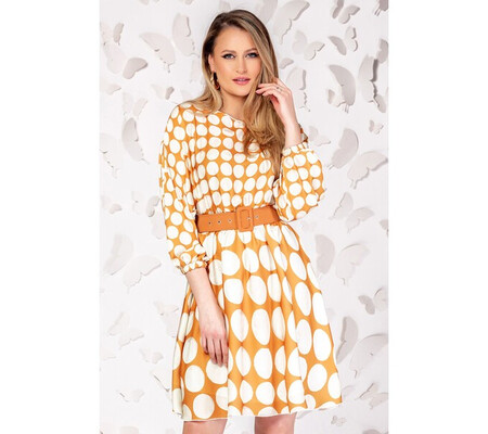 Rochie Pretty Girl de zi caramizie cu print buline si curea in talie