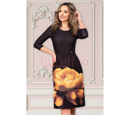 Rochie Pretty Girl neagra de ocazie midi cu imprimeu floral si maneca trei sferturi