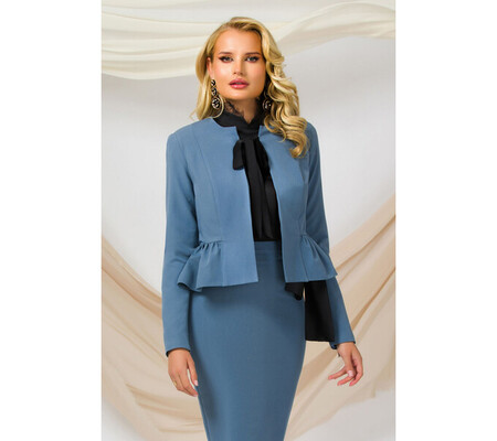 Blazer elegant Pretty Girl bleu cu volanas si funda neagra satinata