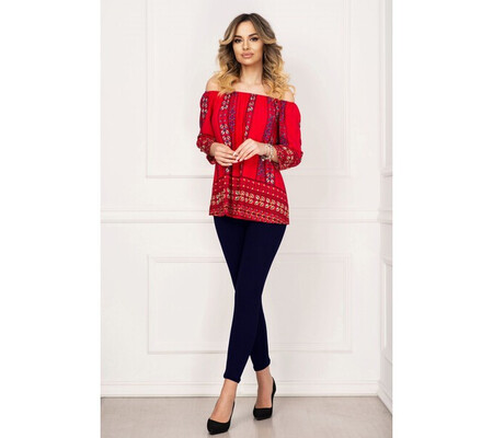 Compleu casual Melody cu bluza rosie si imprimeu folcloric By InPuff