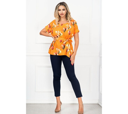 Compleu dama de vara lejer cu bluza orange si print lalele By InPuff