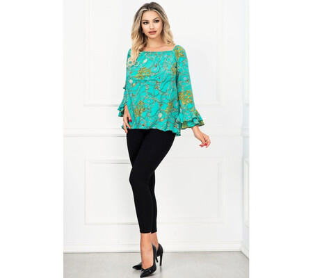 Compleu dama Eliza turquoise cu volane la maneci si print lanturi By InPuff