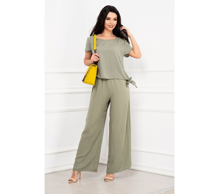 Compleu elegant Elena vernil cu pantaloni evazati si bluza cu nod By InPuff