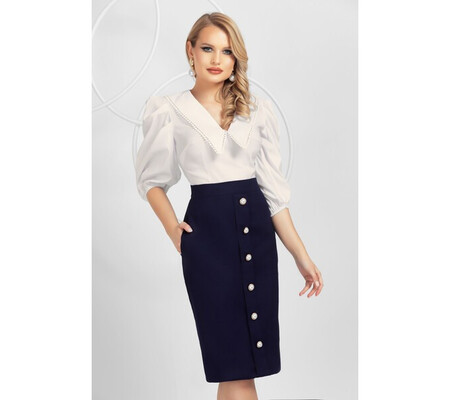 Fusta Pretty Girl office bleumarin cu nasturi tip perla