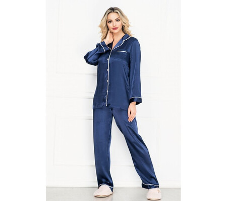 Pijama eleganta bleumarin din satin cu vipusca rose