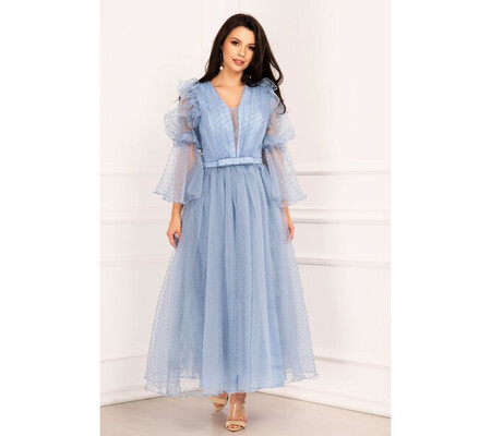 Rochie de lux bleu eleganta din tulle cu buline si volane