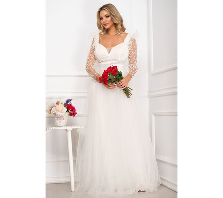 Rochie de mireasa tip printesa din tull ivoire cu volanase si buline 3D