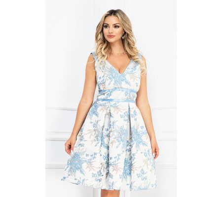 Rochie de ocazie din brocard bleu InPuff cu flori 3D si insertii aurii