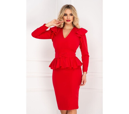 Rochie de ocazie eleganta conica rosie cu peplum si funda in talie